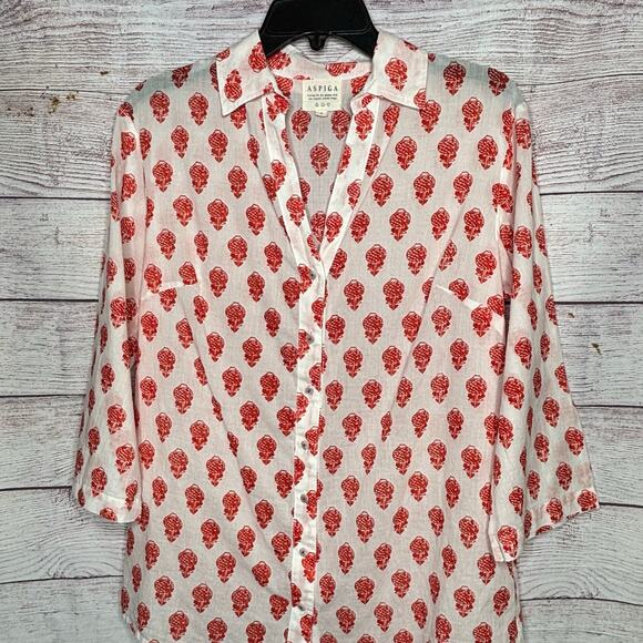 Aspiga Cecilia Floral Pineapple Soft Organic Cotton Button Down Blouse Top Small - Picture 9 of 12